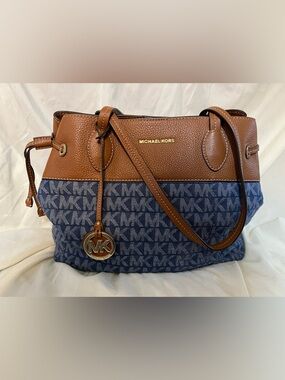 Michael Kors Navy MK Logo and Brown Leather Shoulder Bag